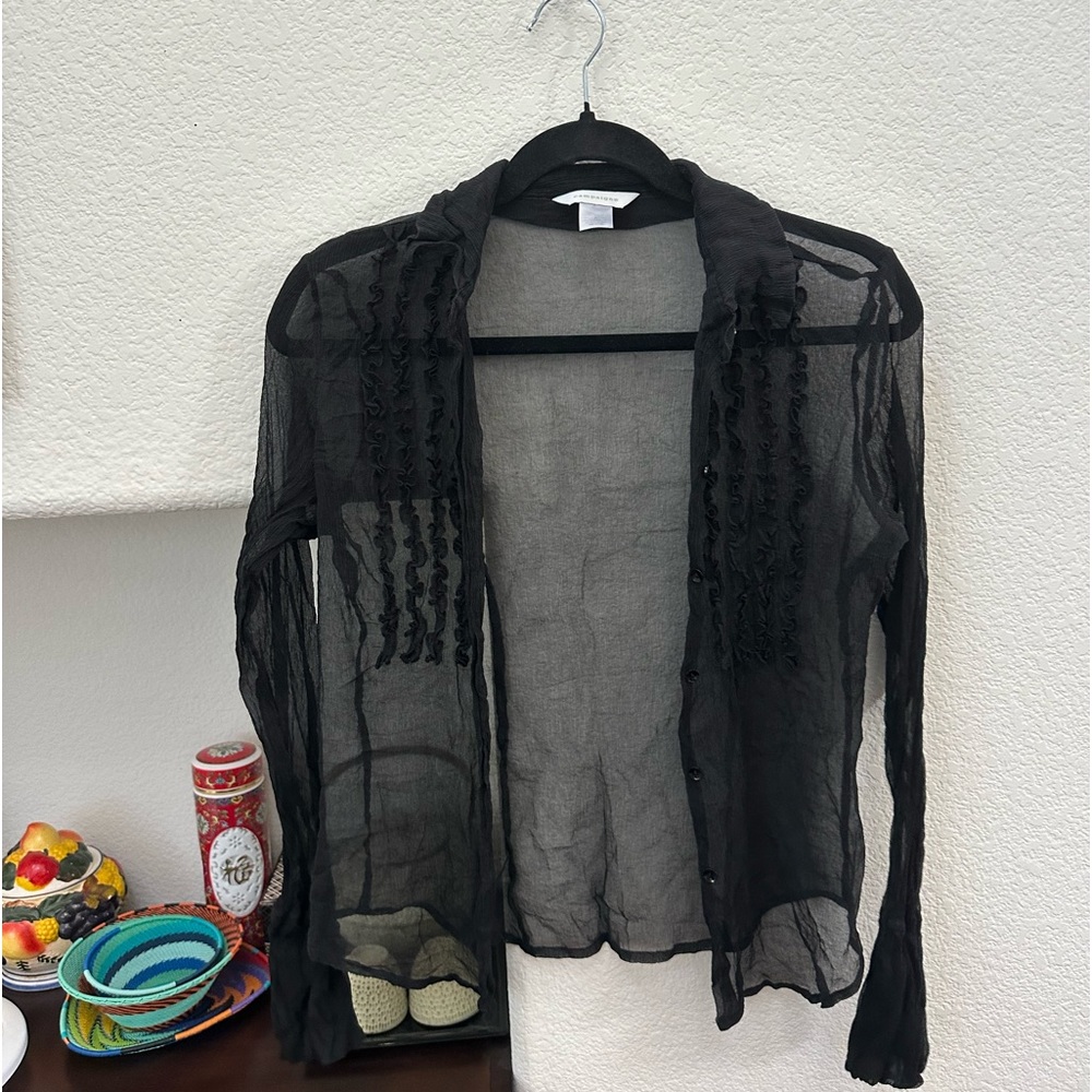 collared sheer black cardigan/outerwear/blouse with frills on front